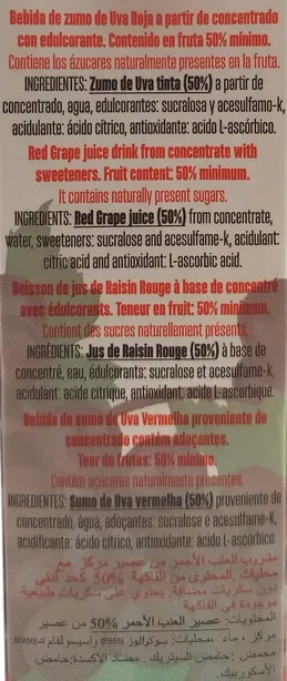 Bebida de zumo de Uva Roja sin azúcares añadidos